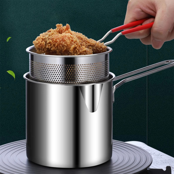 Stainless Steel Deep Fryer Pot With Strainer – Heavy-duty  For Home Kitchen Use – 1200ml Oil Capacity